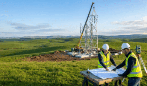 Engenheiros da Tanz Engenharia avaliam planta técnica em campo aberto. Ao fundo, guindaste monta torre de telecom, ilustrando o planejamento seguro de um projeto greenfield.