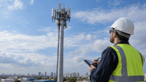 Engenheiro realizando laudo para postes de telecomunicações em poste metálico monotubular com antenas instaladas.